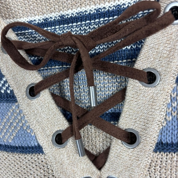 Chaps Western Sweater Blue Tan Pullover Striped Neckline Crisscross Tie Size L - Picture 6 of 8